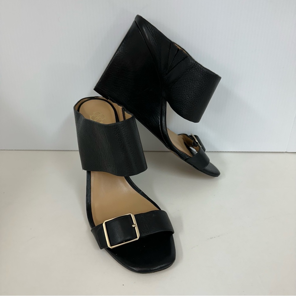 Ann Taylor Black Leather Wide Ankle Strap Buckle OpenToe Boho Heels 8.5M… - Picture 14 of 14